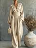 2026 Women's Solid Color V-Neck Waist Jumpsuit Long Sleeve High Waist Skinny Wide Leg Pants Vacation Set