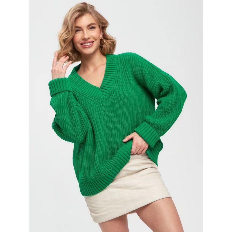 

Модный осенне-зимний женский новый модный свитер с V-образным вырезом свободного кроя Свитер с V-образным вырезом свободного кроя Green L