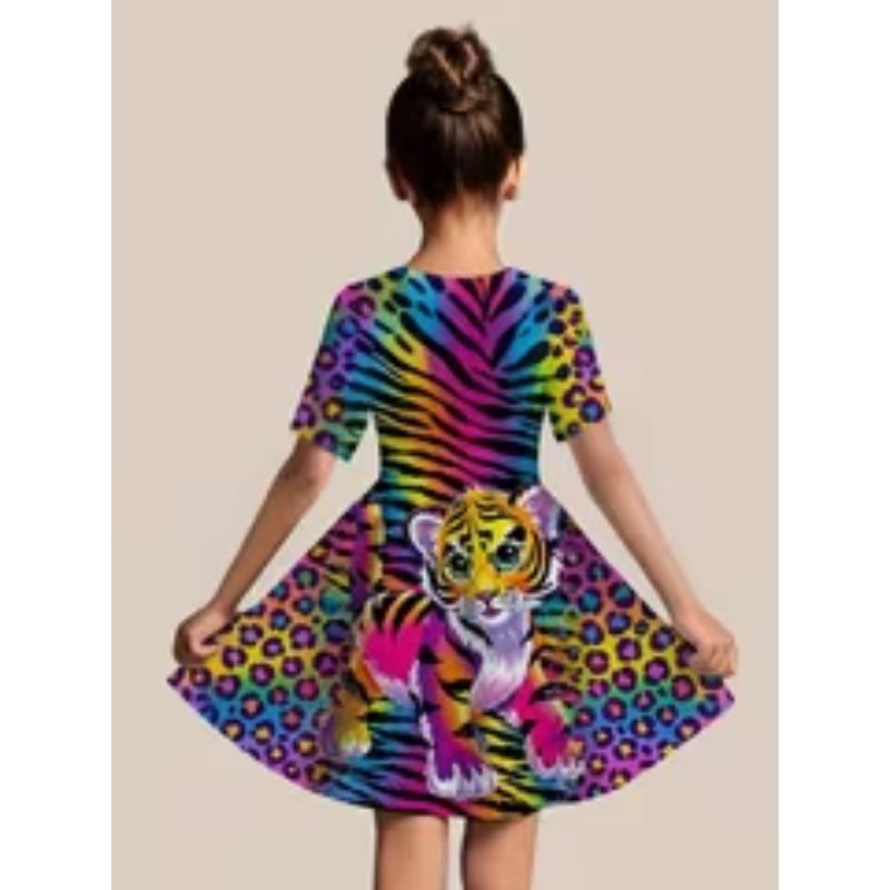 Girls' Pink 3D Flower & Butterfly print Short Sleeve Dress - Summer A-Line with Round Neck, Short Sleeves & for Outdoor Play,