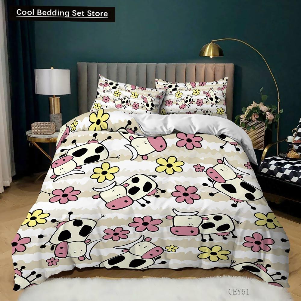 Milk Cow Duvet Cover King Queen Size Cute Cartoon Cows Bedding Set for Kids Farmhouse Rustic Animal 2/3pcs Polyester Quilt Cover
