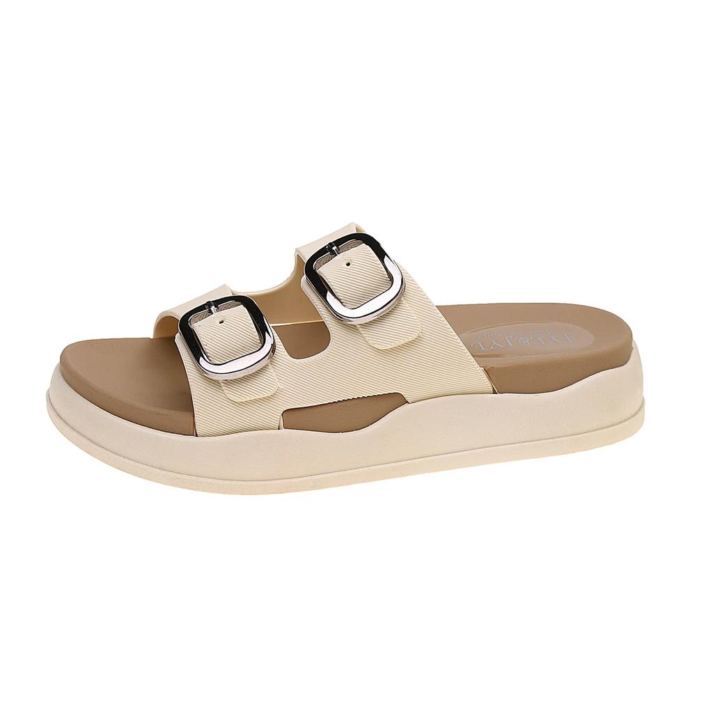 Fashion 2025 Summer Classic Women's Sandals British Style Roman Shoes Soft Leather Slippers Metal Buckle Platform Slippers Women's Shoes