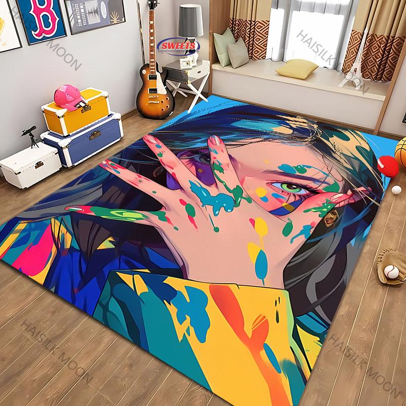 Color Ink Covered Girl Art Carpet Rug for Bedroom Decor Playroom Living Room Sofa Office Area Mat, Modern Fashion Style Carpet