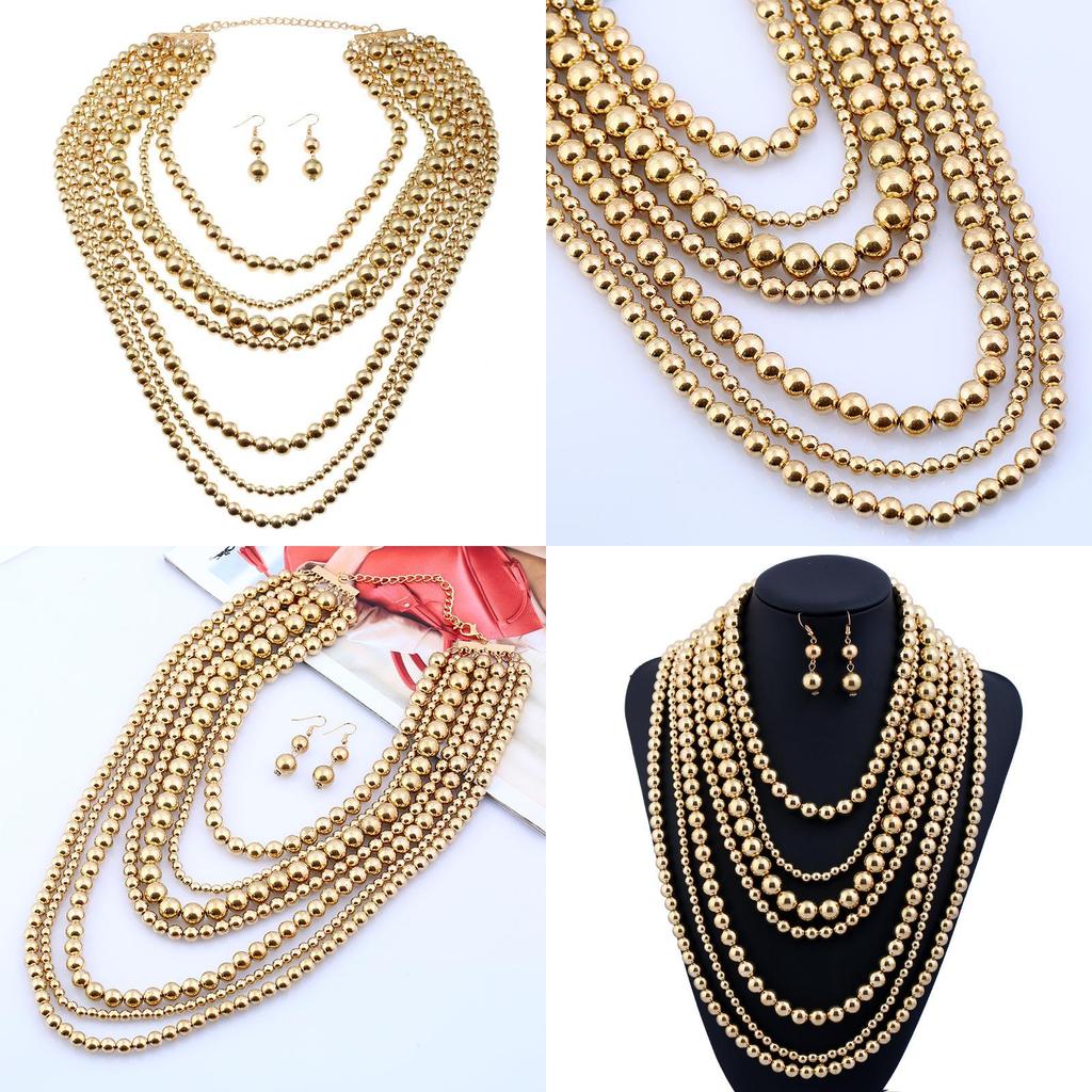 Geometric Multi Layer Gold Beaded Necklace For Women Fashion Trend Spring