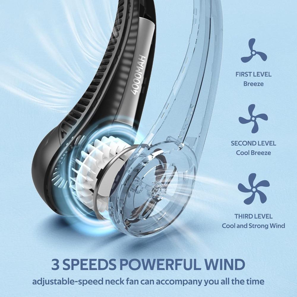 Portable Neck Fan, Hands-Free Bladeless, 360° Cooling, Quiet, 4000mAh USB Rechargeable, 3 Speeds, Black