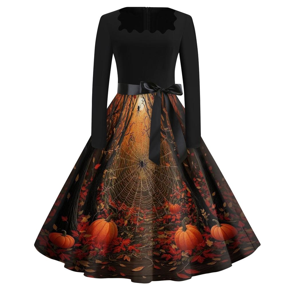Women's Casual Vintage Halloween Dress Long Sleeve Square Neck Fit and Flare Midi Dress with Printed Skirt and Waist Tie