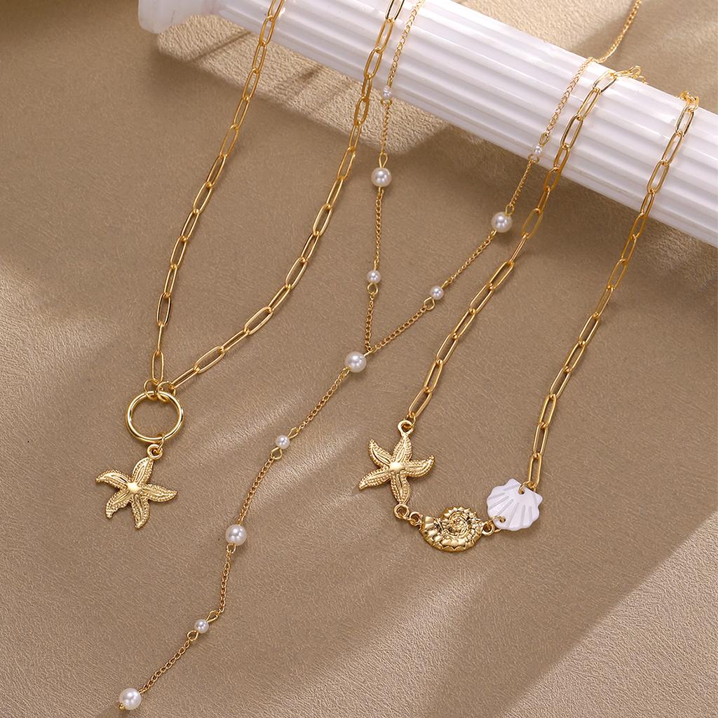 3Pcs/Set Shell Starfish Conch Pendant Necklace for Women Vintage Gold Color Imitation Pearl Necklaces Summer Multilayer Jewelry