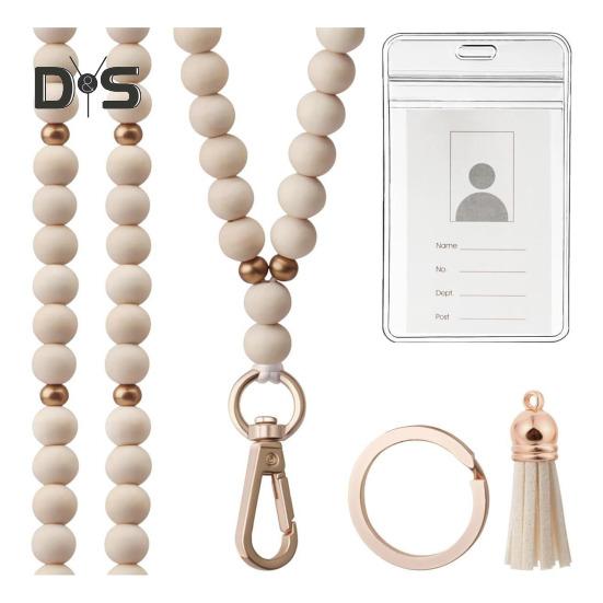 

Деревянный шнурок для удостоверения личности, шнурок для учителя с держателем удостоверения личности, брелок в стиле бохо, шнурок с бусинами, подвеска из натуральной деревянной бусины E
