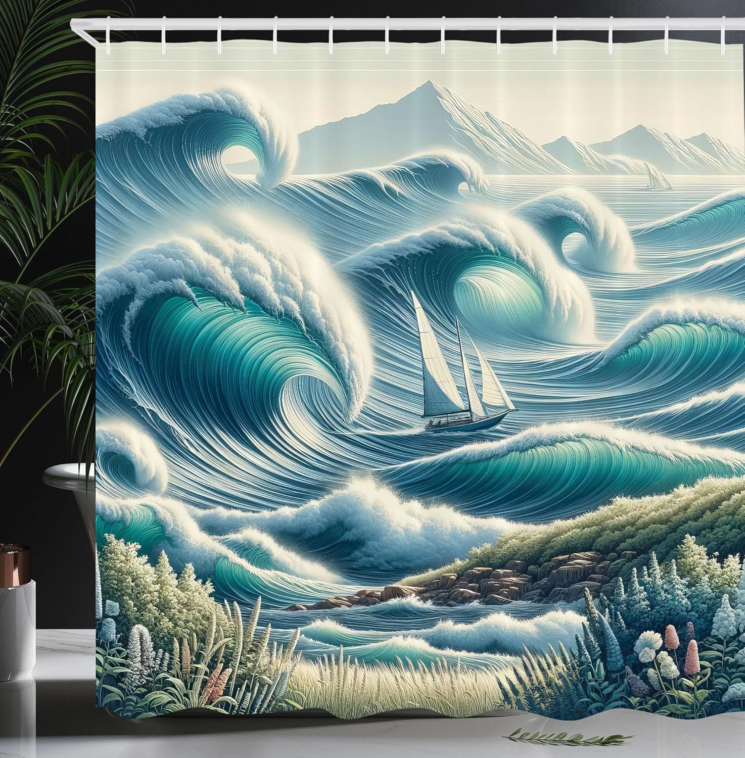 Ambesonne Nautical Shower Curtain, Boat On Swirling Huge Waves Grassy Ocean Shore Painting, Reseda Green Teal Blue W60H190(CM)-1 Pcs