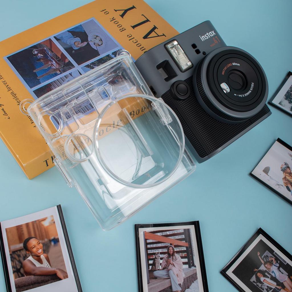 HIYQIN Fuji Instax Mini 41 Camera Case, Compatible Instax Mini 41 Camera Clear Hard PVC Protective Case with Adjustable Leather Shoulder Strap and