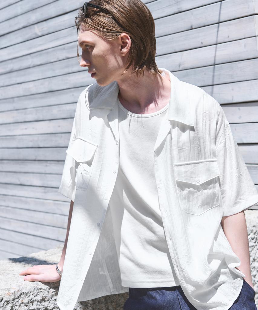 DRAW FIT Sheer Texture Open Collar Half Shirt [White]