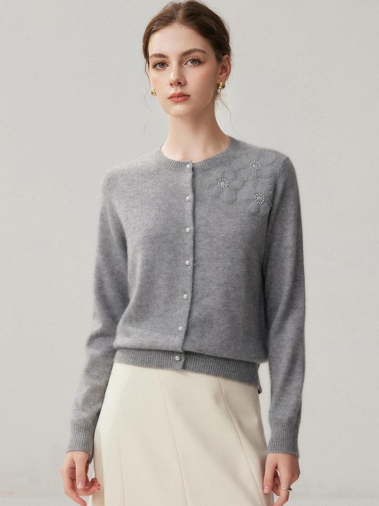 2026 Autumn/Winter Women's Cashmere Cardigan - Round Neck, Cute Style with Three Flower Design, Single-Breasted Jacket
