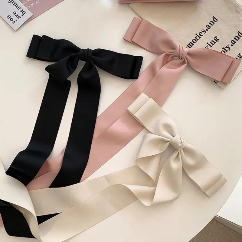 Elegant Bow Ribbon Hair Clip Fashion Simple Solid Satin Spring Clip Hairpin Retro Headband Girls Hair Accessories