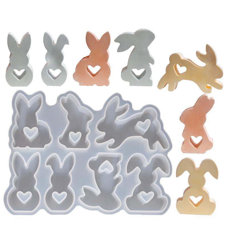WTEMPO 7-Cavity Epoxy Resin Silicone Mold Heart Small Rabbit Shaped Scented Candles Mold DIY Three-dimensional Cute Bunny Plaster Figurine Clay Mold