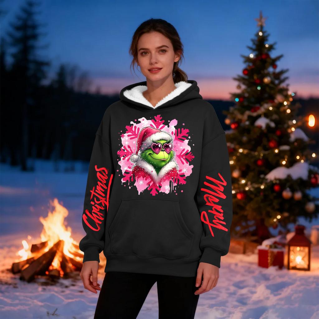 Damen Casual Mode Plus Samt Verdicktes Weihnachtsdruck Kapuzensweatshirt