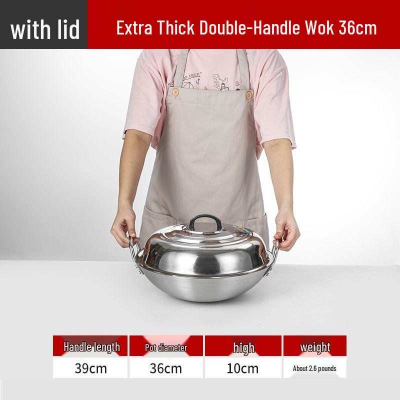 Extra Thick Stainless Steel Double Ear Wok - Large Round Bottom Pot for Commercial Kitchens, Gas Stove Compatible