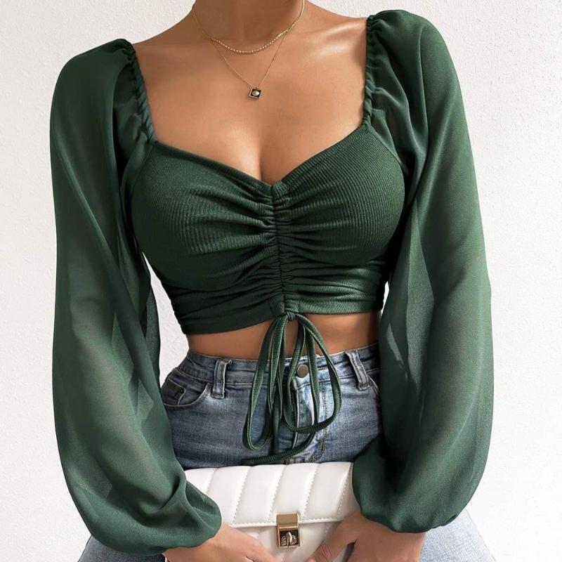 Summer New V-neck Drawstring Chiffon Blouse Women Vintage Lantern Sleeve Slim Fashion Sexy Women's Shirt Tops Elegant Solid Ladies Crop Blouse 25156