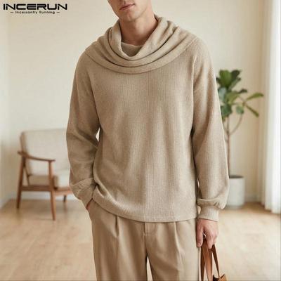 Men Swing Neck Long Sleeve Casual Loose Rib Pullover Tops