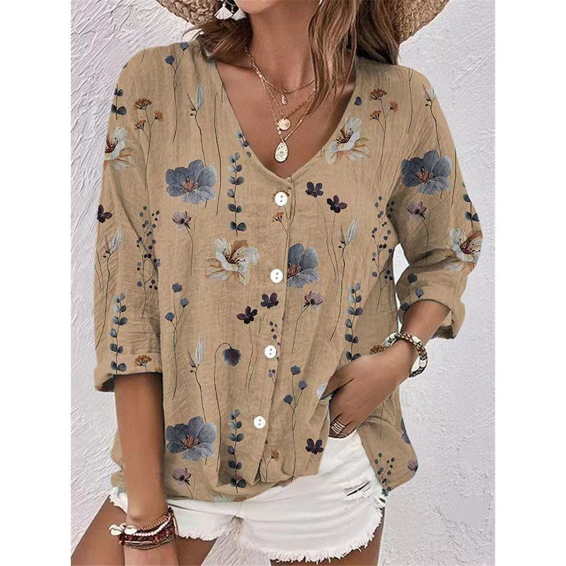 

Europe and America Cross Border Export Spring & Fall Women s V Neck Long Sleeves Casual Shirt Plus Size Loose Button Printed Cardigan Plus Size Ladies Khaki M (Bust size 100)