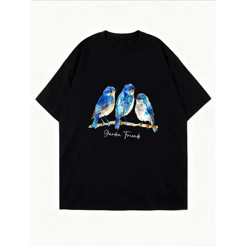 White T Shirt With Blue Birds Print For Casual Wear