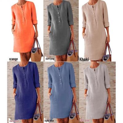 Plus Size Women's Cotton Round Neck Long Sleeve Sweat-Absorbent Breathable Dress