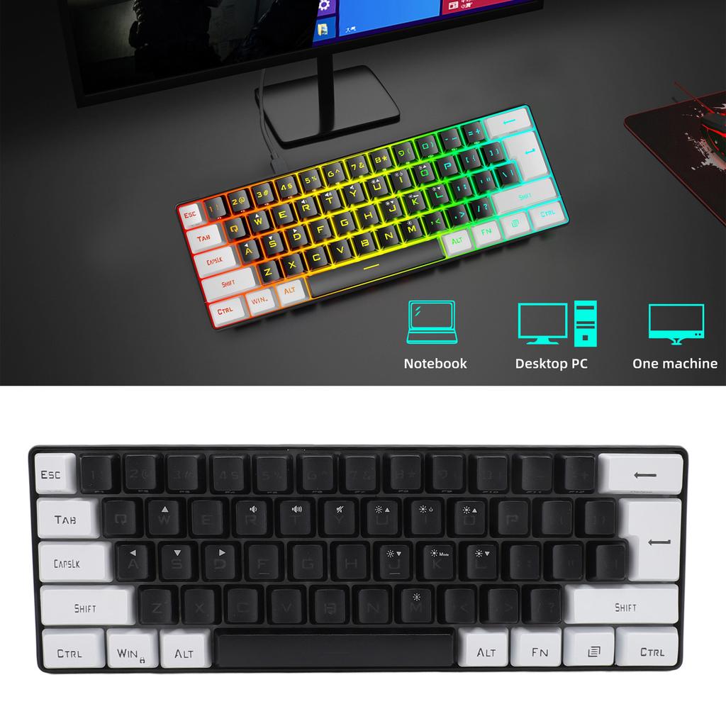 Gaming Keyboard USB 61 Keys RGB Backlit Ergonomic Contrast Color ABS Keycaps Wired Keyboard for Desktop Laptop Travel