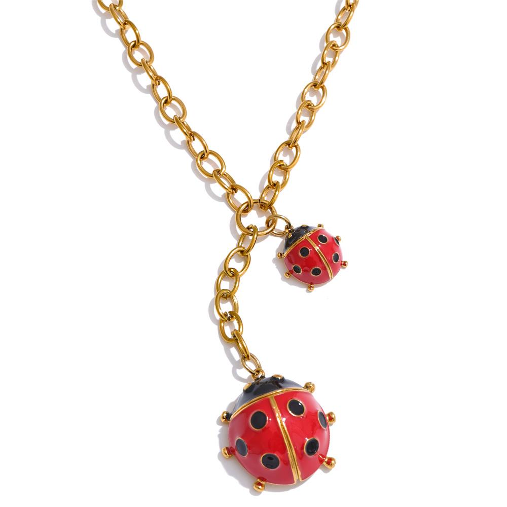 

Yhpup Fashion Red Insect Ladybird Chain Pendant Necklace Rust Resistant 18K Golden PVD Plated Stainless Steel Cute Jewelry