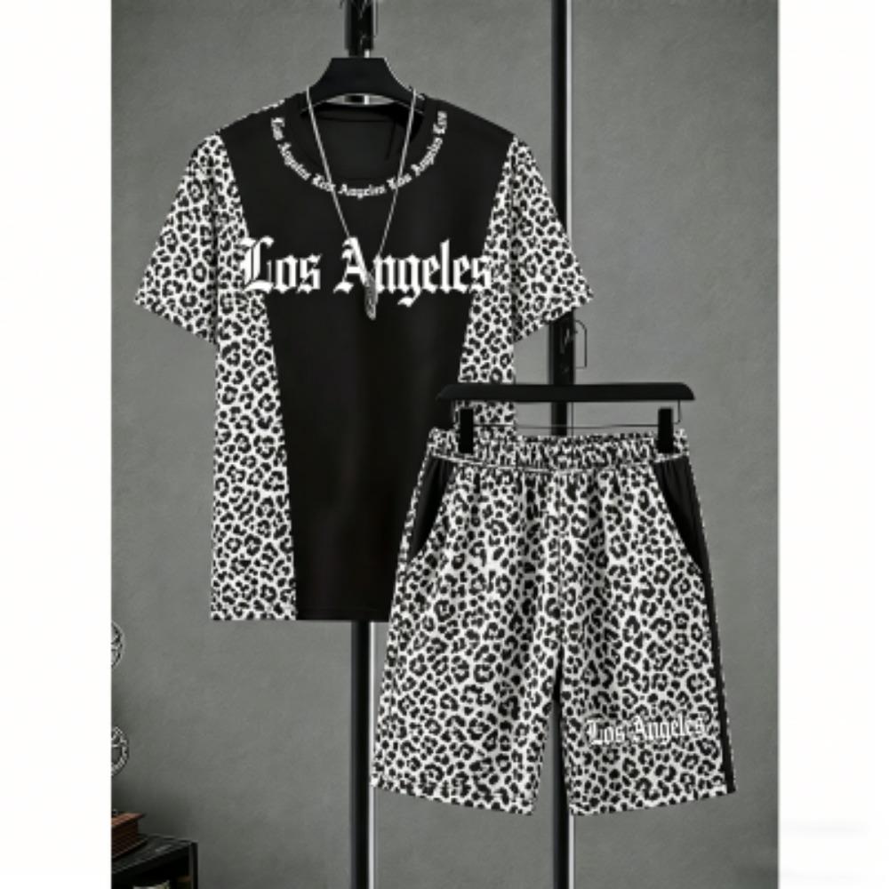 

Men s Set Letter Leopard Colorful Printed Men s T-shirt and Shorts 2 Piece Set Summer Casual Outdoor Men s and Women s T-shirt Sets XXS