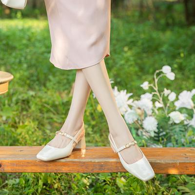 Thick Heel Square Head Single Shoes Women's High Heel Medium Heel Sheepskin Back Strap Mary Jane Shoes with Sandals