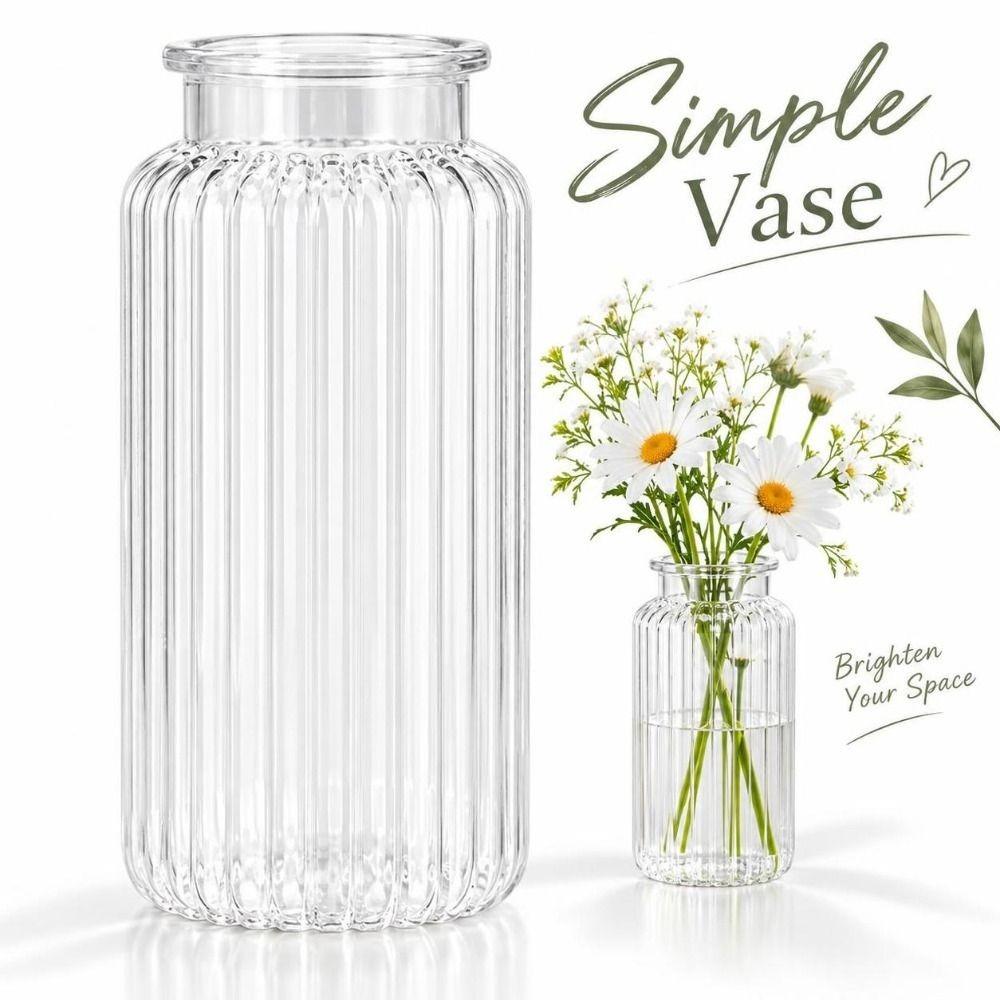 Nordic Style Clear Flower Vase Ribbed Design Cylinder Vases Modern Flower Arrangement Living Room