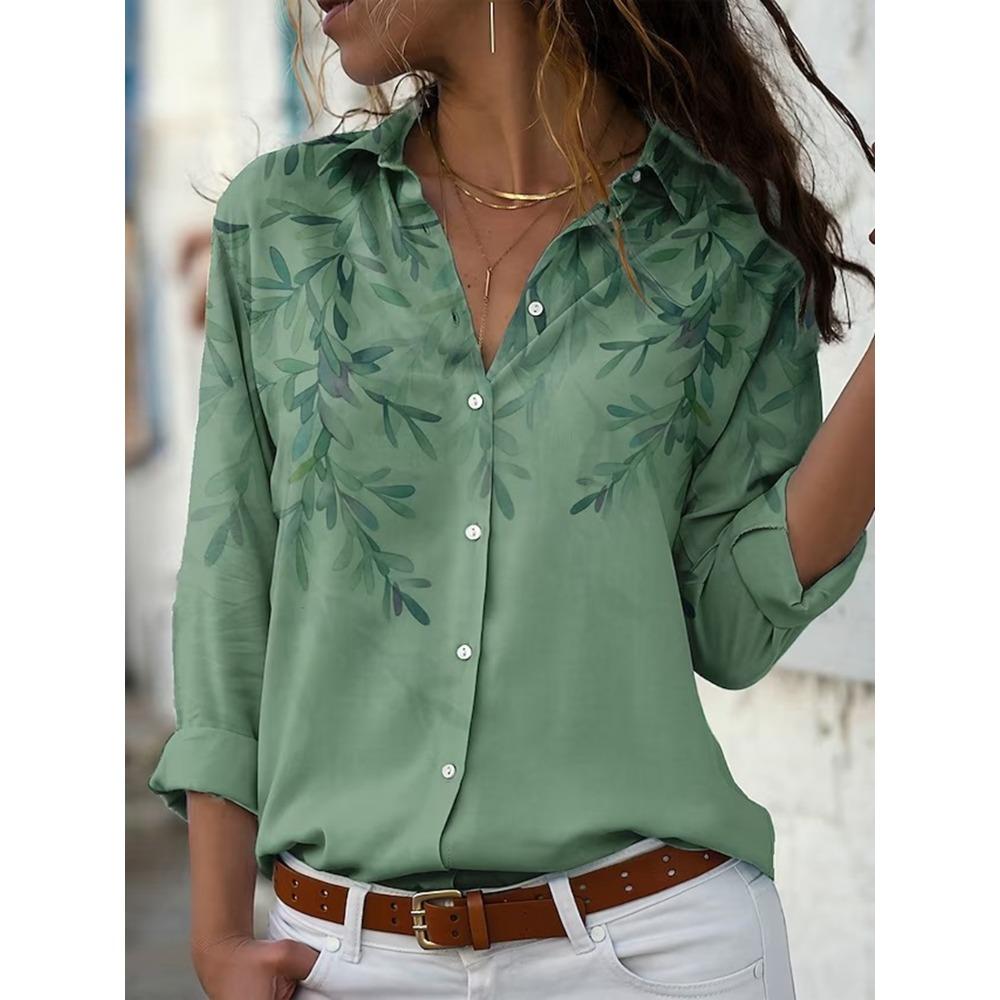 Fashion Women's Shirt & Blouses Elegant Flower Leaf Shirt Print High Quality Long Sleeve Large Size Female Clothing Blouse Tops
