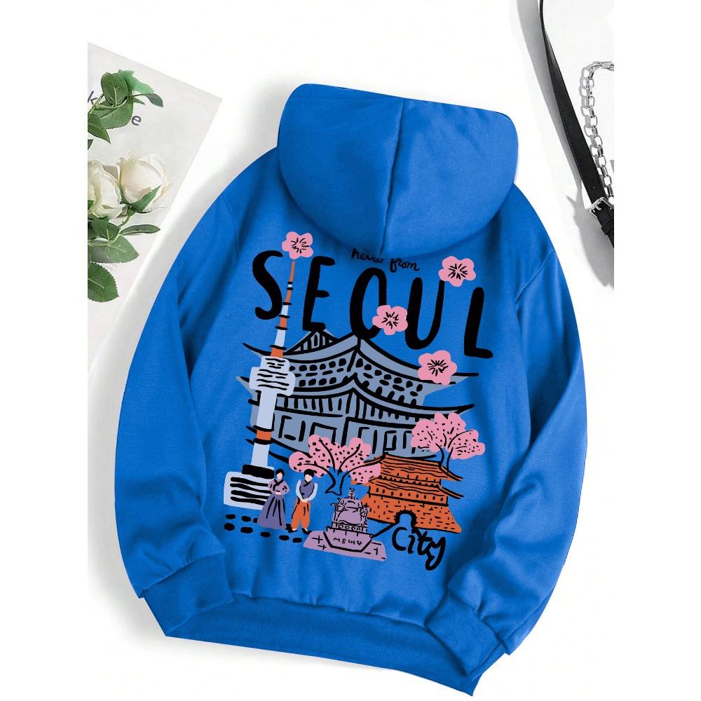 Seoul Beautiful Scenery Printing Womens Hooded Warm Fleece Comfortable Hoodies Simple Soft Hoodie Street Casual Loose