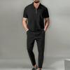 Men Spring Autumn New Solid Color Waffle Knit Collared Half Zip Polo Shirt Pants Set