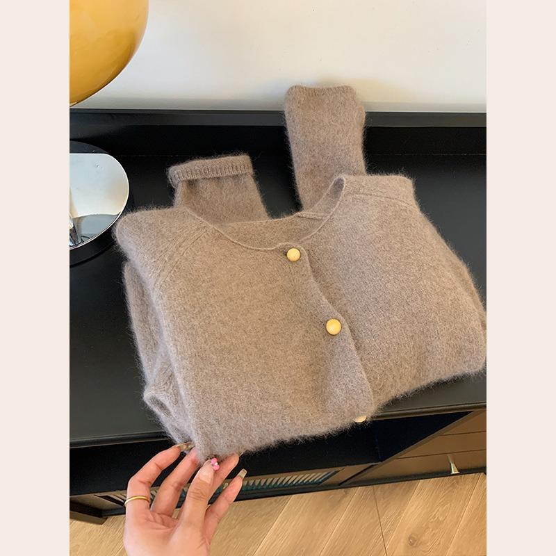 

Autumn and winter new milk blue raccoon fleece soft waxy sweater cardigan women s high-end lazy knitted jacket thickened One Size верблюд