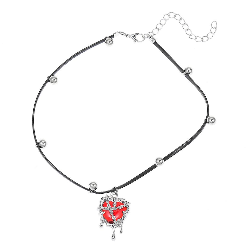 Punk Gothic Red Lava Star Cross Heart Pendant Leather Rope Necklace  Vintage Harajuku Grunge Heart Vortex Sun Charms Chain