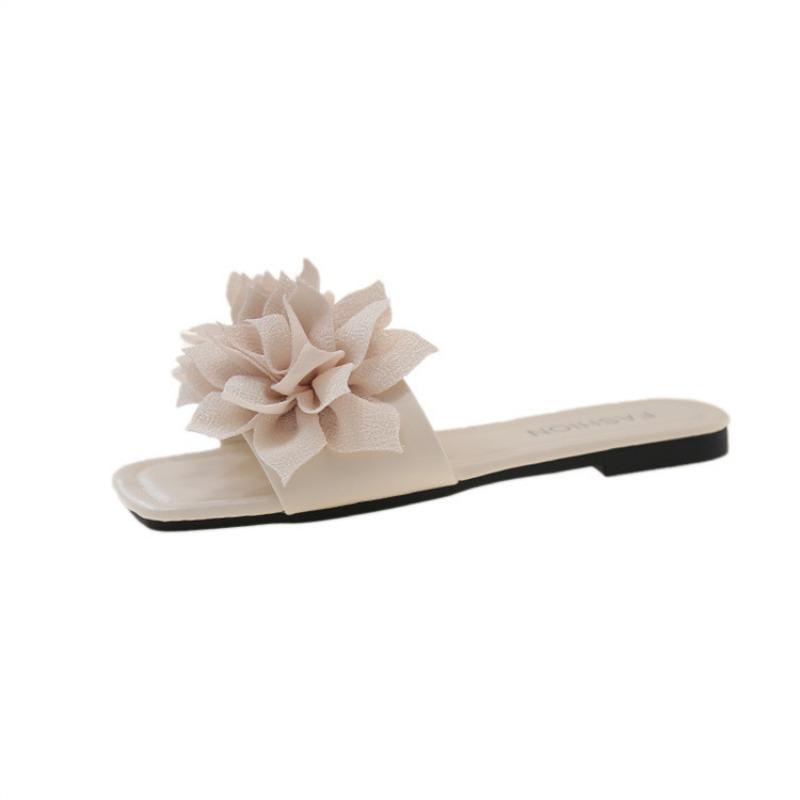Casual Flat-bottomed Square-head Slippers Female Flower Lazy Person One Pedal Open-toe One-word Drag Beach Casual Women's Sandals