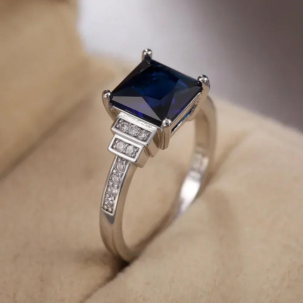 Blue Square Cut Four Claws Women Ring Vintage Design Gracious Lady Luxury Inlaid Zircon Female Jewelry Wedding  Rings