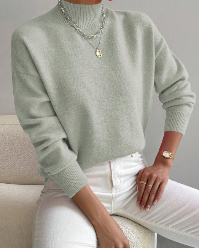 

Women s Autumn & Winter Half-High Collar Long-Sleeve Knit Sweater, Solid Color Loose Pullover Top Medium светло-серый