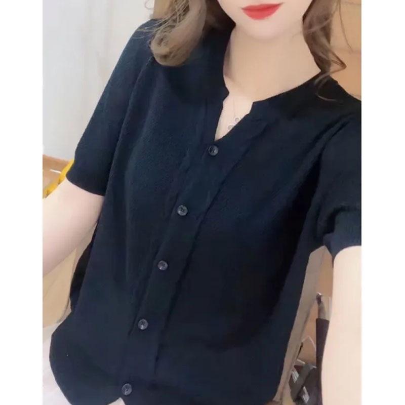 

Летняя новая трикотажная футболка с V-образным вырезом из ледяного шелка для женщин, однотонная, с коротким рукавом, свободная 3XL чёрный