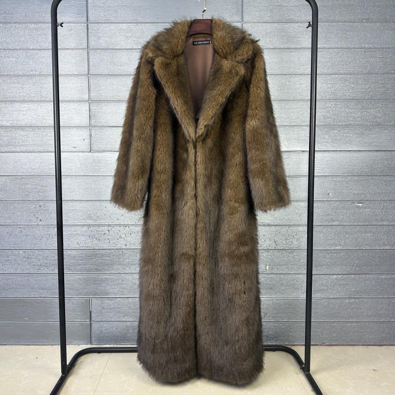 Womens Faux Fur Long Coat Street Style Polo Neck Winter Outerwear