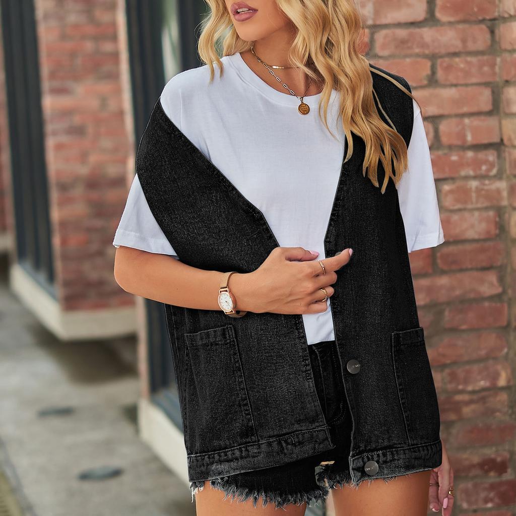 Sleeveless Vest Large Pockets Button Front Jacket Sleeveless Vest for Women Lady Dating Black XL