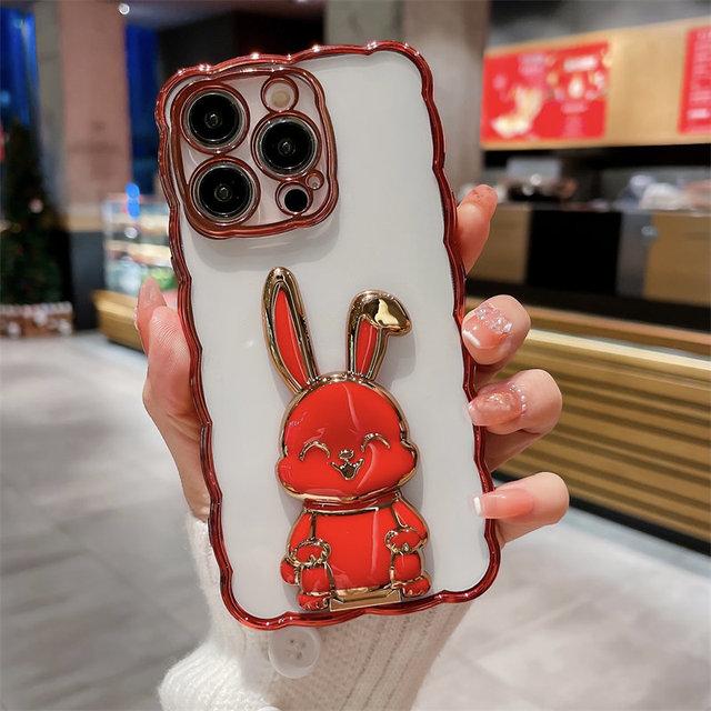 3d Cute Rabbit Stand Holder Phone Case For Iphone 14pro 13 12 11 14 Pro Max 14 Plus 14 Clear Shockproof Curly Wave Plating Cover
