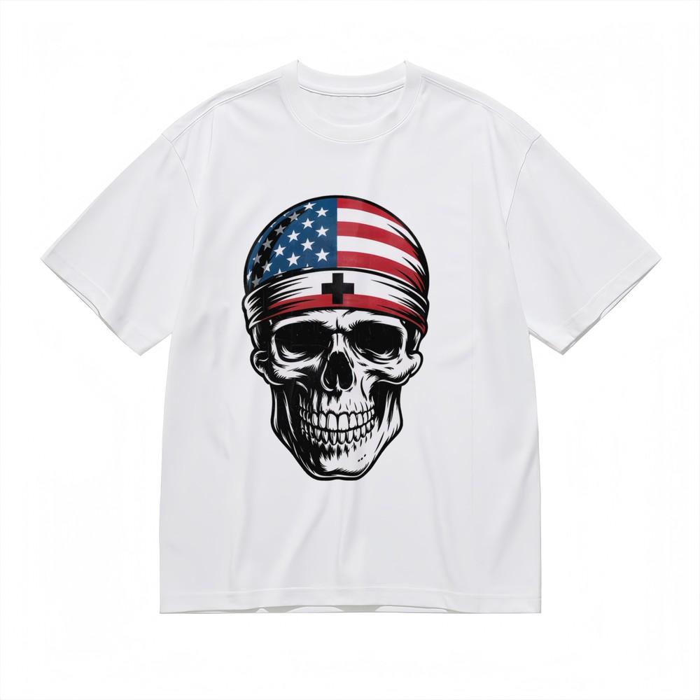 Men's T-Shirt With Americana Rebel Skull Graphic Unisex White 100% Cotton Summer