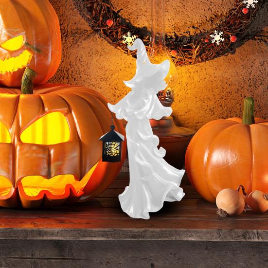 LED Witch Lantern Ornament Halloween Faceless Ghost Sculpture Holding Lantern Vintage Resin Witch Statue for Yard Patio Lawn Decor