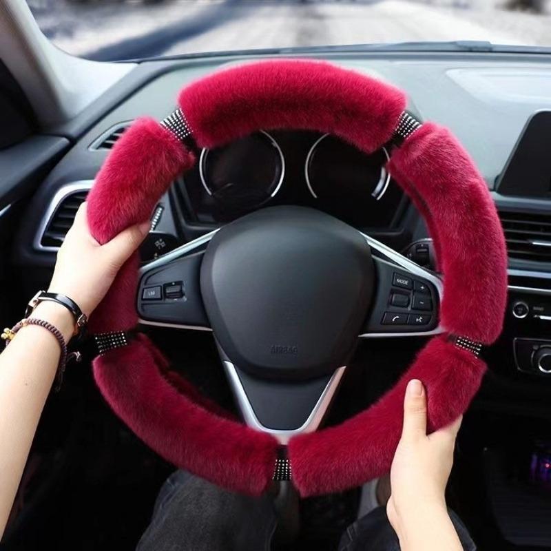 38cm Imitation Mink Fur Car Steering Wheel Cover Warm Plush with Rhinestones Elastic Handle Warmth Luxury Steering Covers