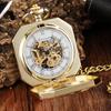 Luxus Goldenes Quadrat Design Mechanische Taschenuhr mit FOB Kette Skulptur Skelett Steampunk Handaufzug Mechanische Herrenuhr