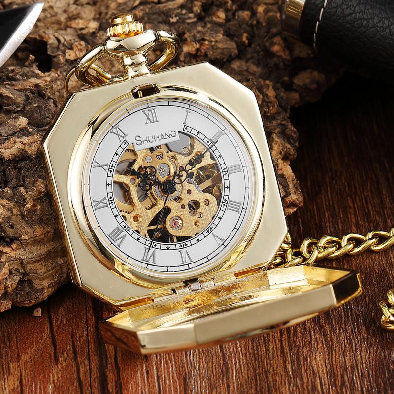 Luxus Goldenes Quadrat Design Mechanische Taschenuhr mit FOB Kette Skulptur Skelett Steampunk Handaufzug Mechanische Herrenuhr