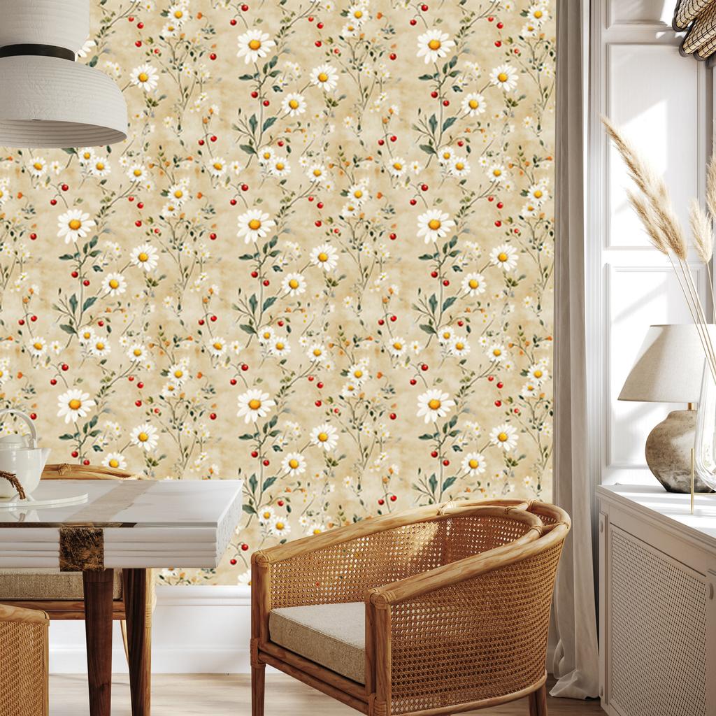 Daisies Beige and Cream Wallpaper for Living Room and Bedroom 50x1000