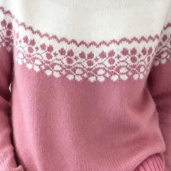 Women Sweater Round Neck Long Sleeve Patchwork Color Pullover Tops Loose Fit Autumn Winter Knit Tops