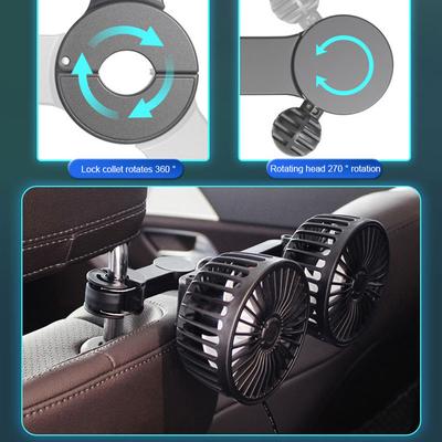 12V/24V Auto Rear Seat Air Fan Headrest Fan 360° Rotation 2 Fan Heads 3 Gears Adjustment for SUV Sedan Commercial Vehicles