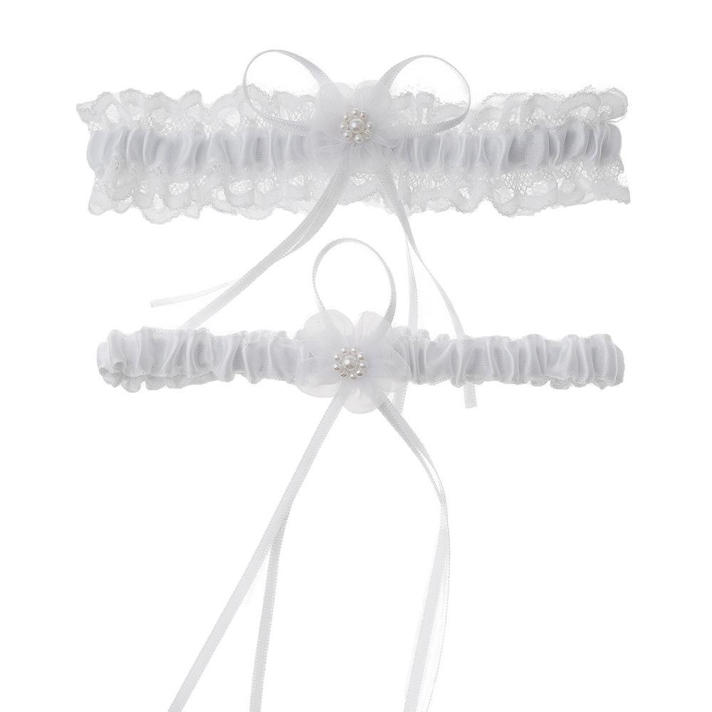 New 2PCS/Set Wedding Garter Bridal Shower Bride Keepsake Ivory Lace Floral Rhinestone Bow Women Ladies Garter Hen Night Supply